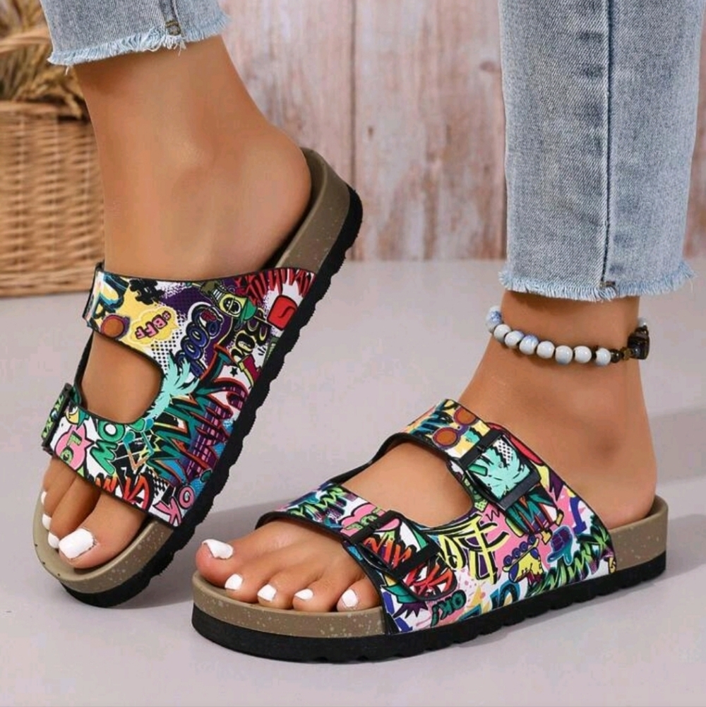 Colorful Graffiti Print Women’s Double-Strap Slide Sandals